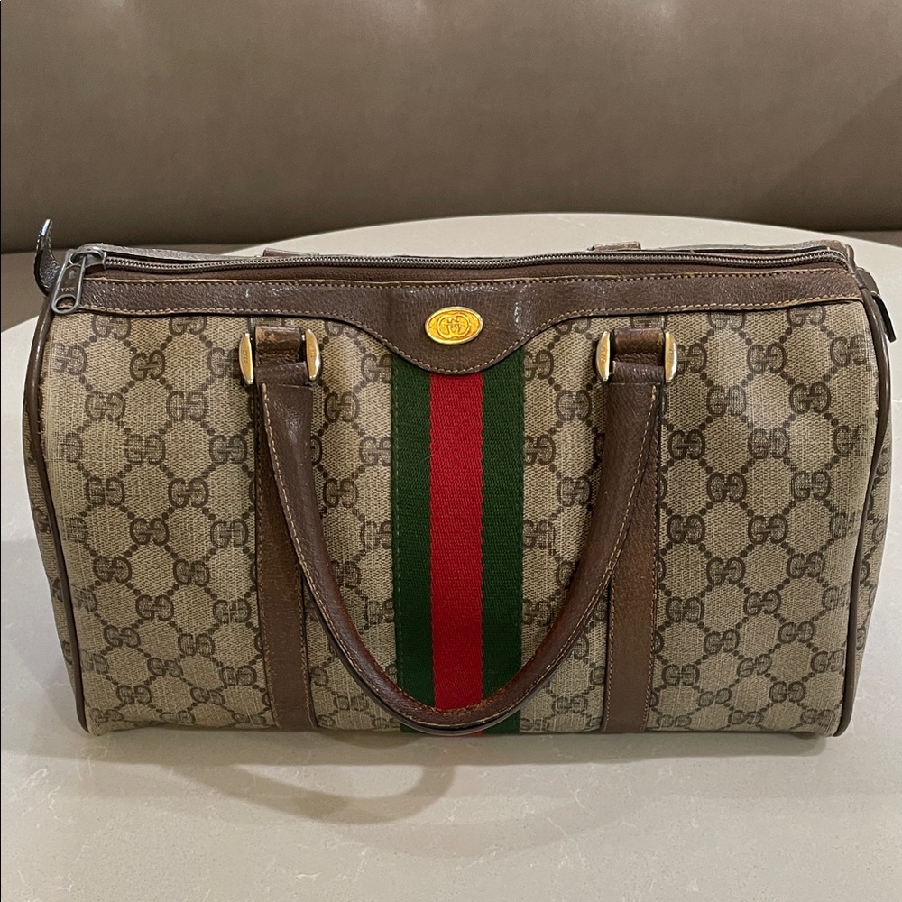 Vintage Gucci Tan and Brown Duffel Bag with Green and Red Stripe - Picture 2 of 11